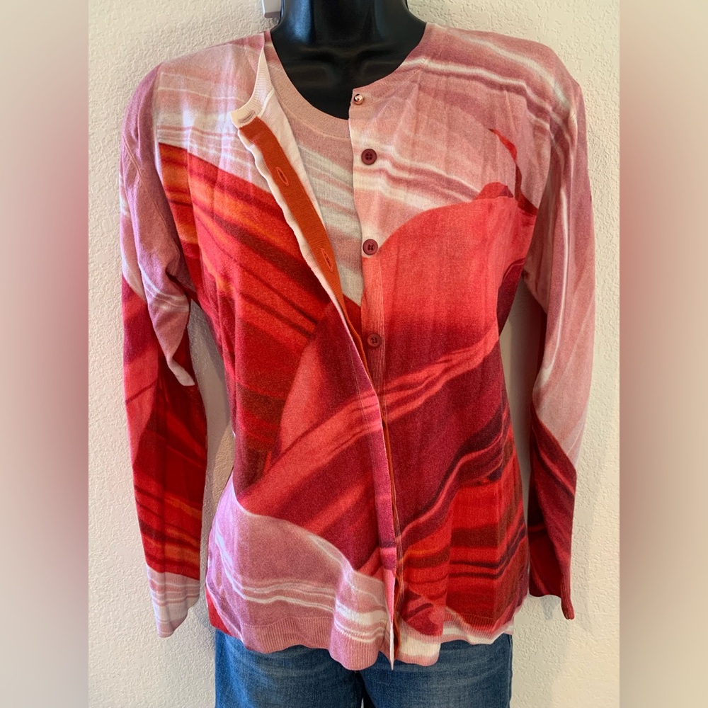 Escada “Fantasy” Twin Set Size M Cardigan & Sleeveless Top Red Lightweight Wool
